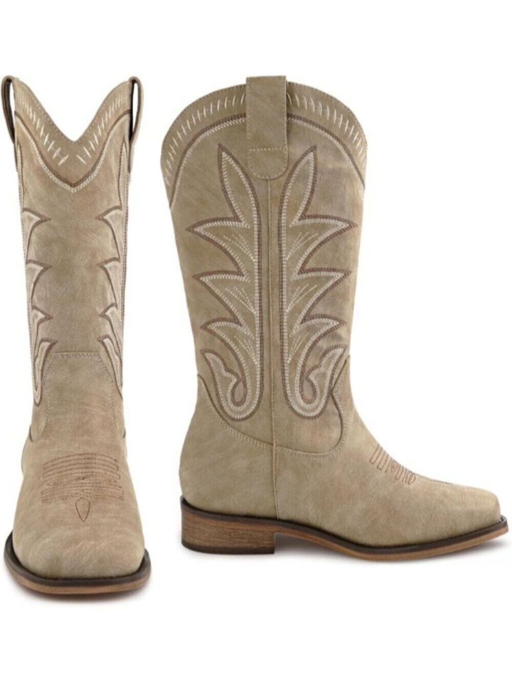 Women's Beige Square Toe Mid Calf Chunky Heel Classic Fall Western Cowgirl Boots - Picture 6 of 7
